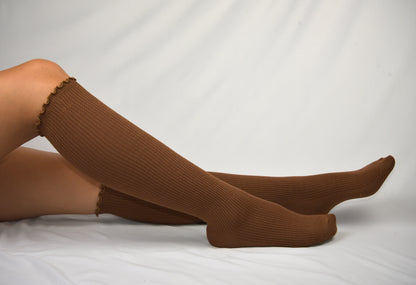 Frill edge compression sock knee high in Coffee
