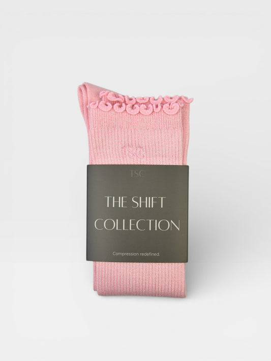 Frill edge compression sock knee high in Soft pink