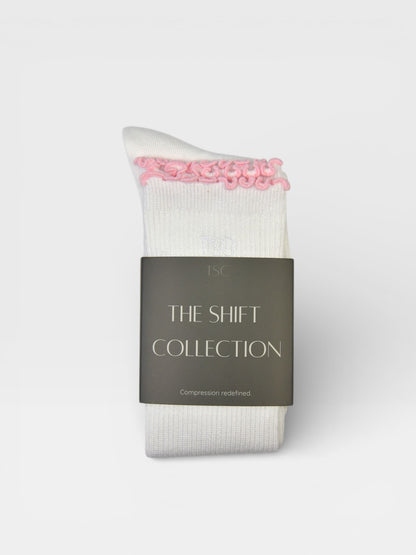 Frill edge compression sock knee high in White