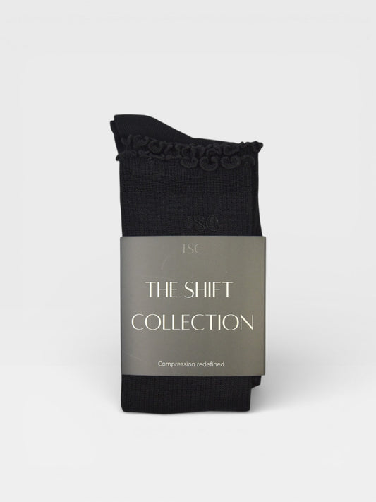Frill edge compression sock knee high in Black