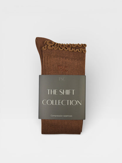 Frill edge compression sock knee high in Coffee